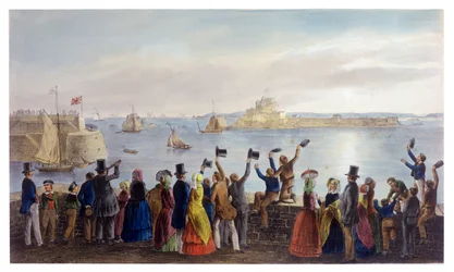 Královská eskadra vstupující do zálivu St. Aubin, 2. září 1846, z návštěvy královny Viktorie v Jersey, vyryl H. Walter, 1847